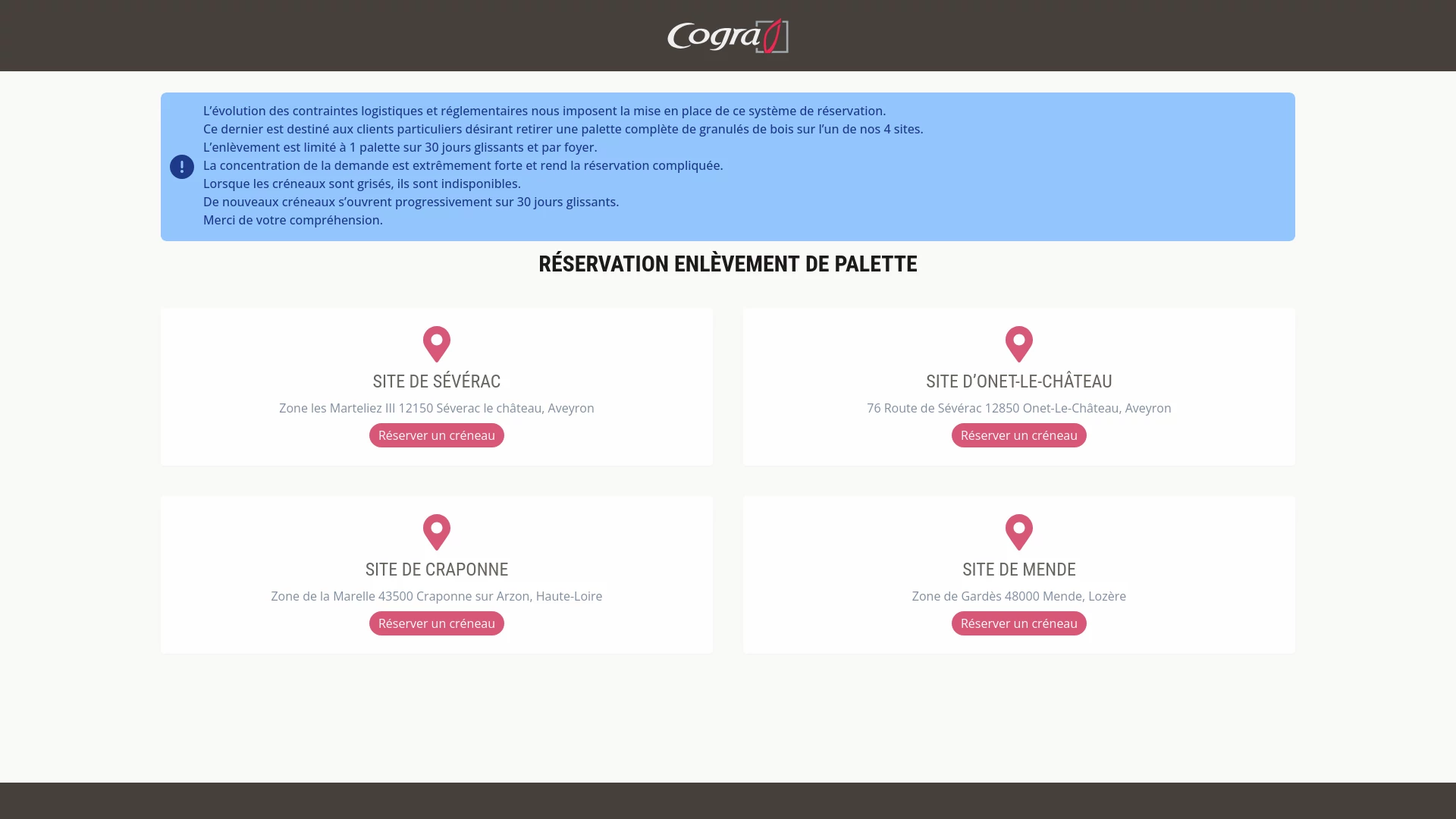 Outil de réservation de palette pour Cogra